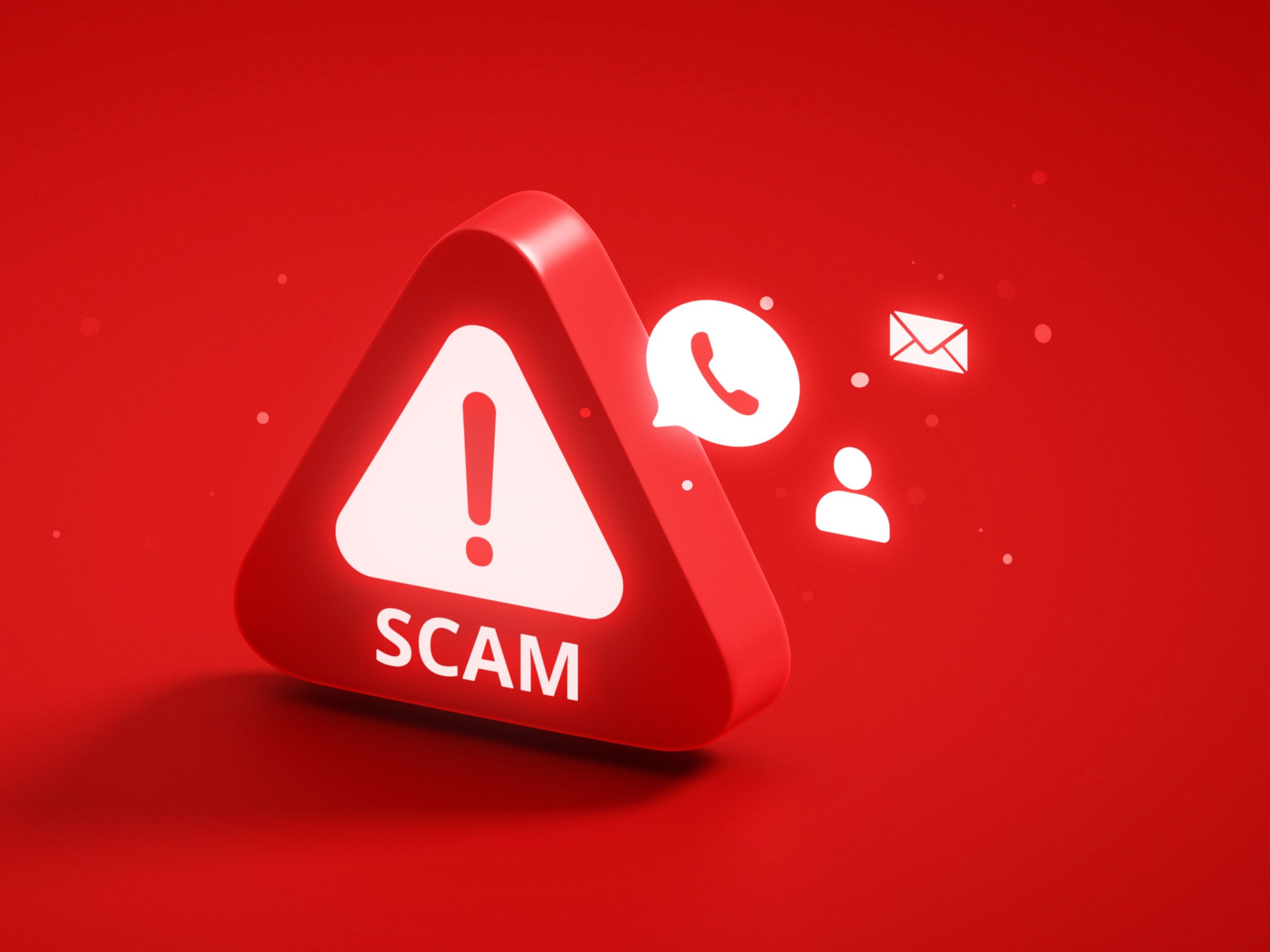 Red 3D warning triangle labeled SCAM with phone and email icons, stock scam illustration