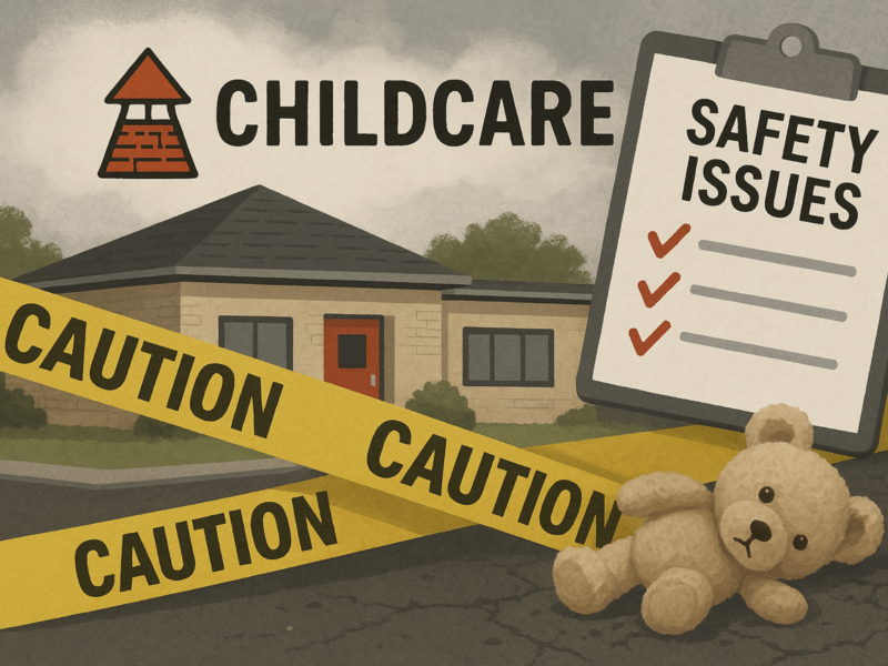 Illustrated childcare center wrapped in caution tape with a safety issues checklist and teddy bear
